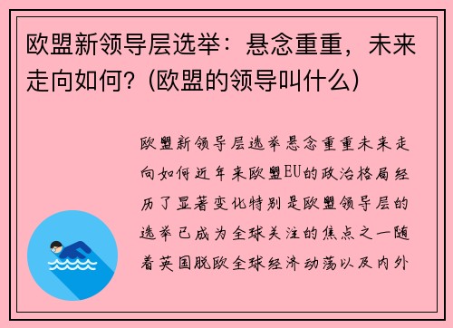 欧盟新领导层选举：悬念重重，未来走向如何？(欧盟的领导叫什么)