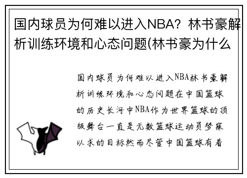 国内球员为何难以进入NBA？林书豪解析训练环境和心态问题(林书豪为什么不在nba打球)