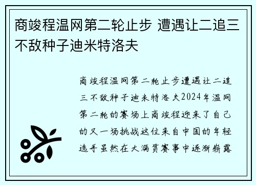 商竣程温网第二轮止步 遭遇让二追三不敌种子迪米特洛夫